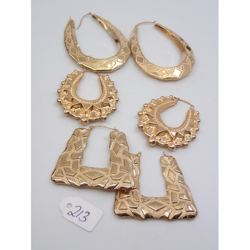 213 - Three pairs of gold earrings approx. 21 grams