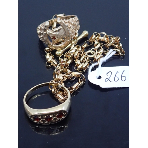 266 - 2 gold rings and gold t-bar chain approx. 19.4 grams