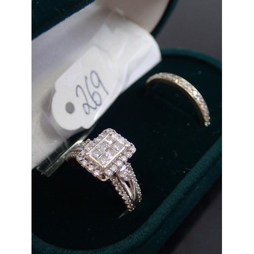 269 - A 9ct white gold cluster diamond ring and matching diamond set band ring, finger size N Half & O