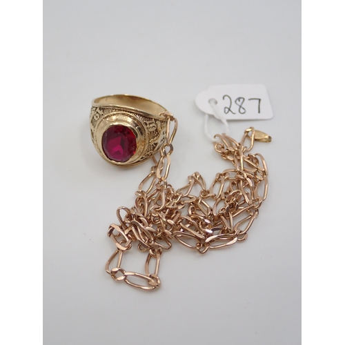 287 - A gold chain and gold red stone college ring, total weight approx. 19.7 grams