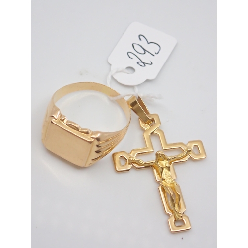 293 - An 18ct gold signet ring and 18ct gold cross, total weight approx. 8.1 grams