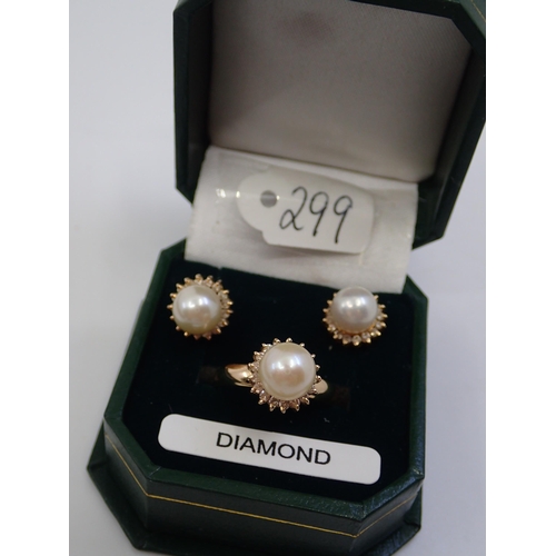 299 - Ladies 14ct gold pearl & diamond ring, and matching earrings, approx. 7.9 grams, finger size O