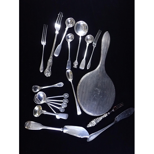 362 - A collection of various silver flatware, total weight approx. 342 grams and a silver mounted mirror