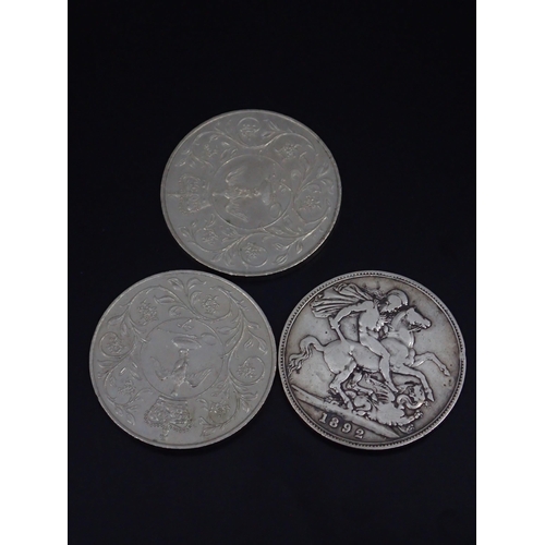 448 - A crown dated 1892 and two other coins