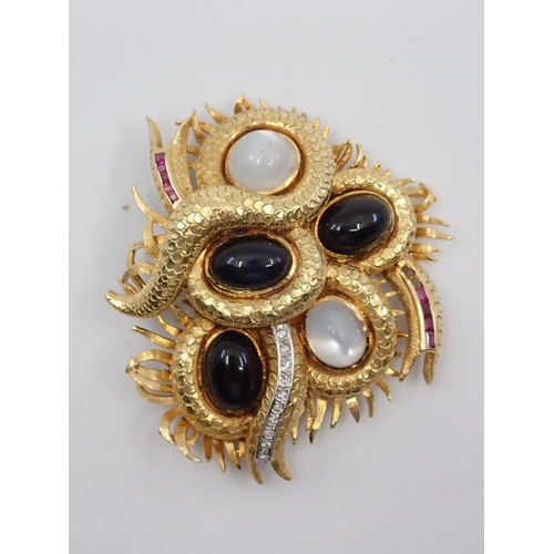 75 - A diamond and gem set brooch approx. 41.4 grams set in 14kt gold