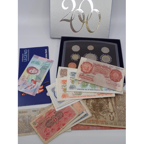 405 - A collection of bank notes including the £5 George Best note and a set of English coins in presentat... 