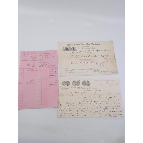 362 - Two old invoices & a letter: One from The Steam Biscuit Factory 5,6 & 7 Peters Rows to W & R Jacob &... 