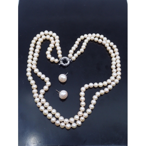 303 - A double row fresh water pearl necklace and a pair of earrings