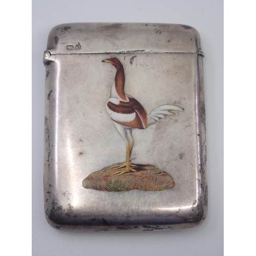 366 - A silver cigarette case set with enamel bird approx 121.6 grams Chester 1897