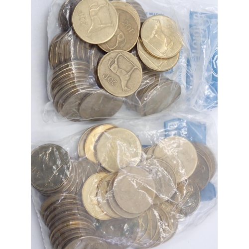 422 - A collection of Irish 20p coins, total weight (including plastic bags) 848 grams