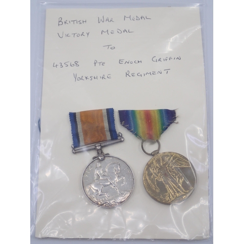 237 - Two first world war medals, Pte Enoch Griffin Yorkshire Regiment