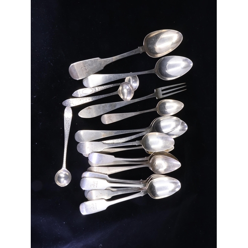 156 - A COLLECTION OF IRISH AND ENGLISH SILVER FLATWARE. Three silver dessert spoons (one Dublin 1837, two... 