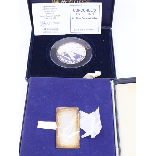 505 - A silver Concorde first day cover ingot (47 grams) in box and fine silver Concorde last flight  2oz ... 