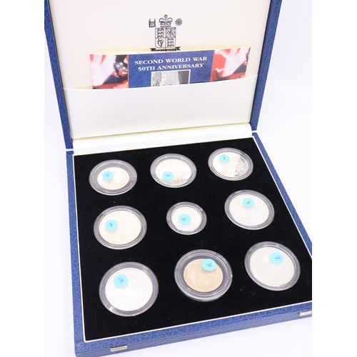 510 - A boxed set of 9 silver coins Second World War 50Th Anniversary International Coin Collection 1945-1... 