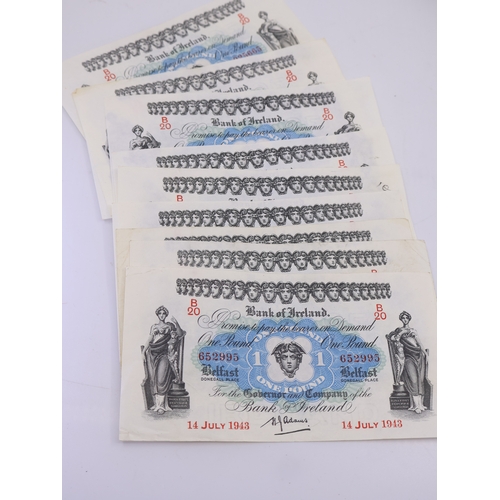 488 - Ten Bank of Ireland Belfast One Pound notes all dated 14 July 1943 some are sequential