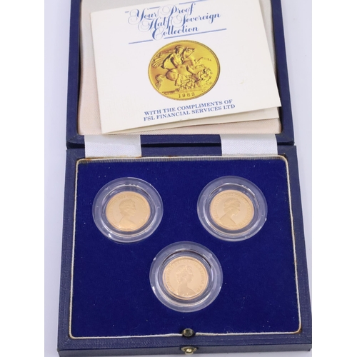 366 - Three gold half sovereigns in a fitted box dated  1982x2 & 1984