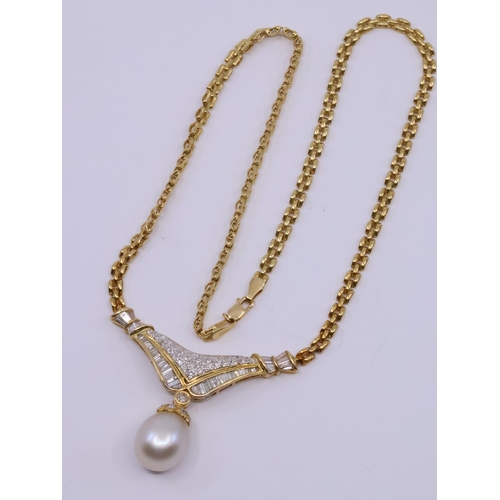 62 - An 18ct gold diamond and south sea pearl set necklace approx. 22 grams