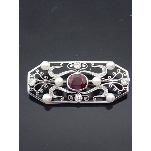 10 - A fine French or Swiss ruby, diamond & seed pearl set brooch approx. 14.5 grams