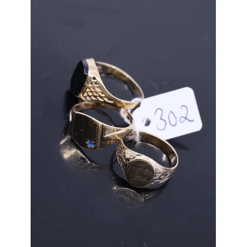 302 - Three gold rings,  finger sizes R, U and Q