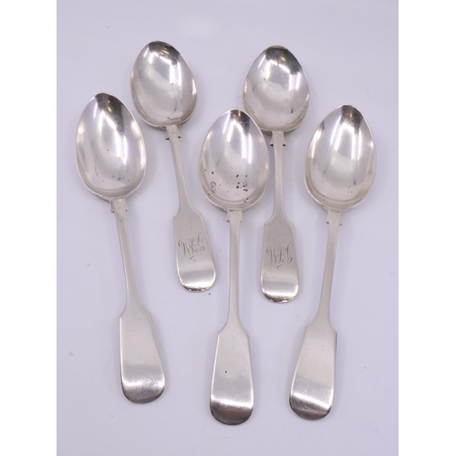 277 - Five silver dessert spoons, mixed dates, three are by West & Son with Sheffield hallmarks, approx. 2... 