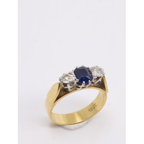 7 - A sapphire and diamond three stone ring set in 18ct gold approx. 4.4 grams, showing as finger size I... 