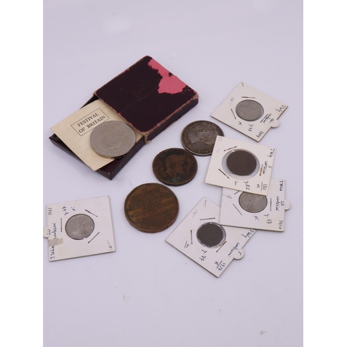 158 - A collection of Italian coins (5), a festival of Britain crown in its box, and three other coins