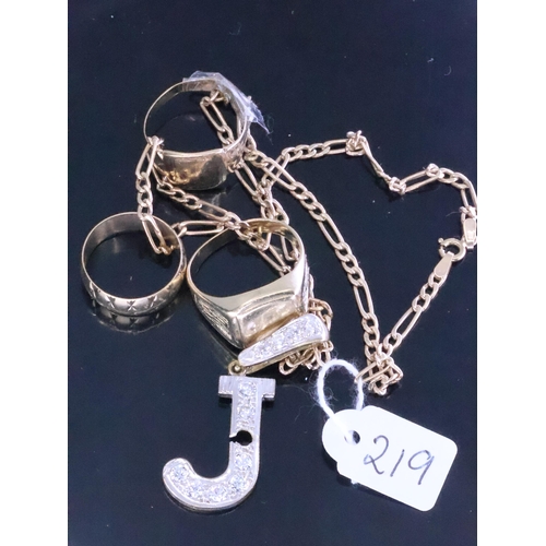 219 - 3 gold rings and a gold J initial pendant on chain approx. 18.7 grams