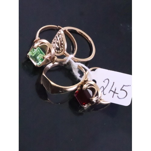 245 - Four gold rings approx. 9.6 grams  J, L (2 rings) & Q