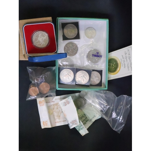 360 - A collection of various coins including an Irish ten Shilling coin, English crowns and banknotes