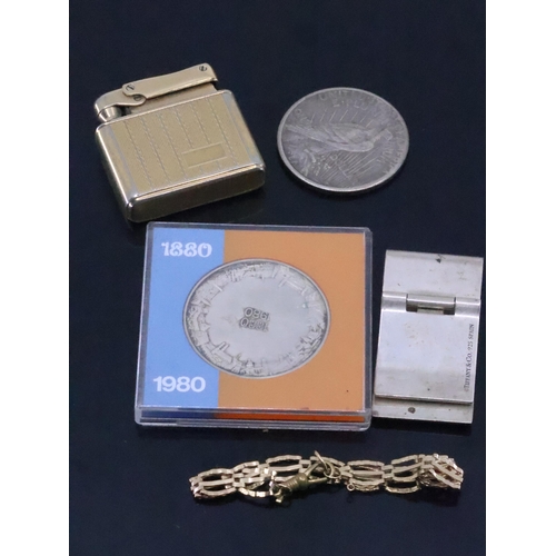 97 - A gold bracelet approx. 3.7 grams (catch not gold) and coins, lighter and a money clip