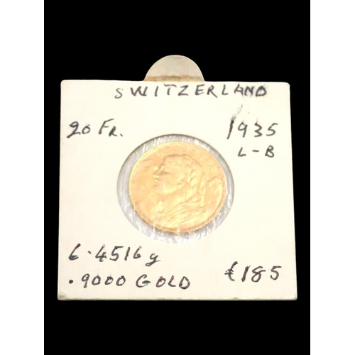 333 - A gold 20 Franc Swiss coin dated 1935