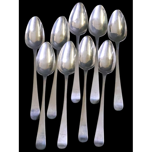 297 - 8 crested Irish Silver table spoons Dublin 1801 & 1802 by JB possibly John Bayly approx. 543 grams