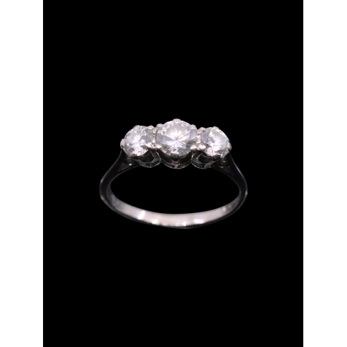 129 - A diamond three stone ring finger size L, total estimated weight of diamonds 0.90cts to 1ct set in 1... 