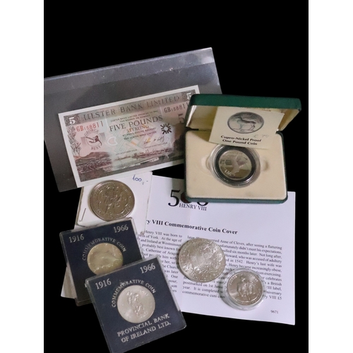 359 - A collection of coins and a Â£5 George Best bank note