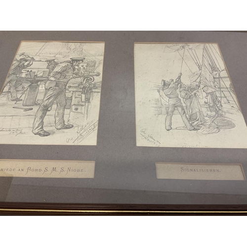 11 - A pair of framed and glazed German prints of nautical interest. Glass cracked on one frame W:82cm ... 