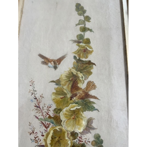 13 - An oil on canvas of a bird with hollyhock and a tapestry pastoral scene