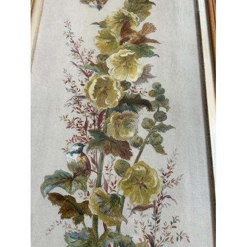 13 - An oil on canvas of a bird with hollyhock and a tapestry pastoral scene