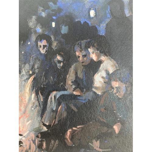 17 - Continental school, mid century oil on paper. A campfire with figures. Indistinct signature lower le... 