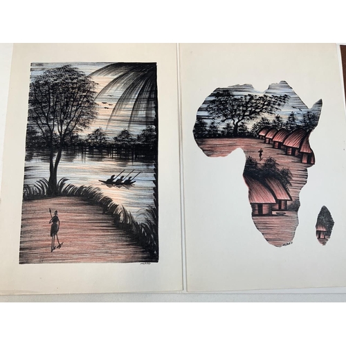 25 - Two original book illustrations signed Mikas, of African interest. Largest W:19cm x H:30cm.