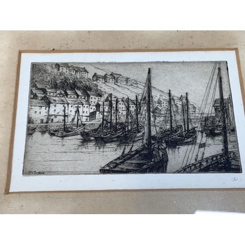 30 - Two etchings P.Y.Pitman and one signed in pencil a pair of naval prints in black and gold frames als... 