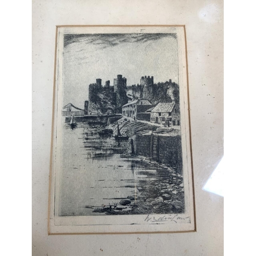 30 - Two etchings P.Y.Pitman and one signed in pencil a pair of naval prints in black and gold frames als... 