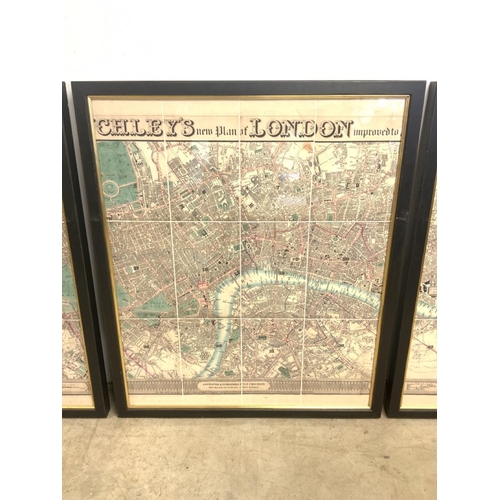 32 - A Tryptich of maps. Churchleys new plan of London 1832. In modern black and gilt frames.  W:88cm x... 