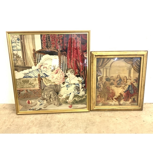 36 - Two large tapestries in gilt frames, the last super and another. No glass in smaller frame 

Largest... 