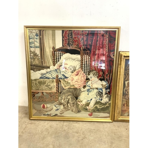 36 - Two large tapestries in gilt frames, the last super and another. No glass in smaller frame 

Largest... 