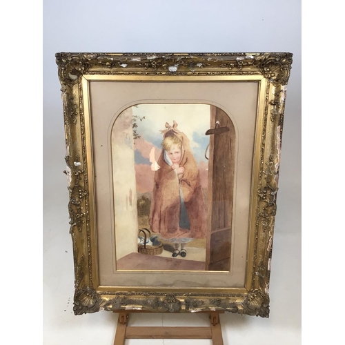 38 - A watercolour of little red riding hood also with an oil of a young girl and a framed and bevelled m... 