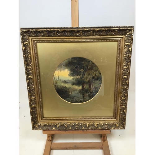 39 - A pair of oil paintings of rural waterside scenes set in round gold mounts in gilded frames W:43cm... 
