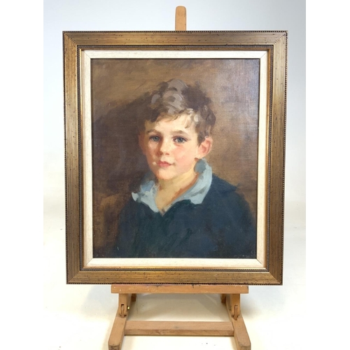42 - A mid 20th century portrait of a you boy. On canvas in gilt frame with fabric mount. W:38cm x H:47... 