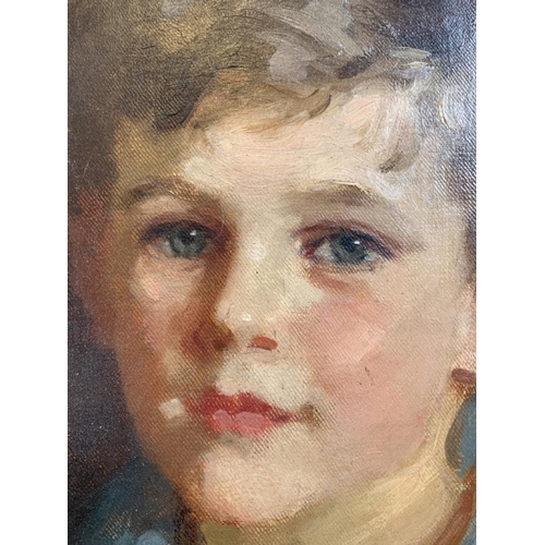 42 - A mid 20th century portrait of a you boy. On canvas in gilt frame with fabric mount. W:38cm x H:47... 