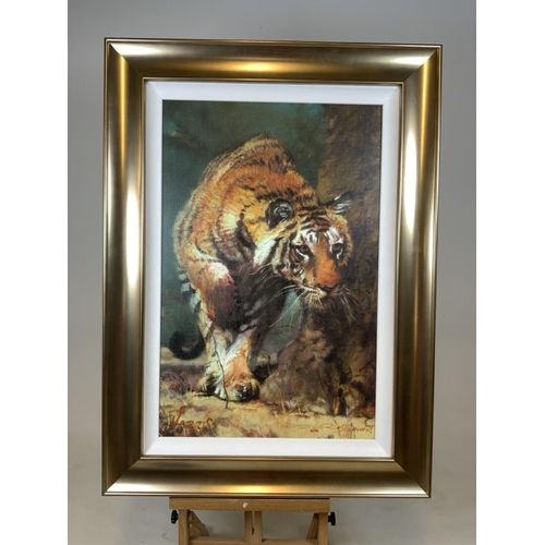 44 - A late 20th century print by Rolf Harris of a tiger. 

W:64cm x H:88cm