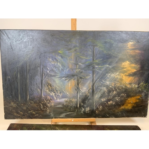 49 - Two large oils on canvas of mystical woodland scenes. Unsigned. W:92cm x H:64cm